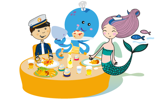 Cartone animato - capitano, polto e sirena che mangiano - Grimaldi Lines