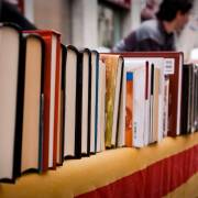 una marina di libri a Palermo. Immagine con una serie di libri in fila. Parti con Grimaldi Lines