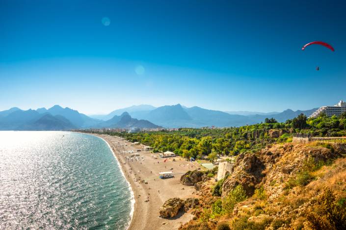 Panoramic bird view of Antalya and Mediterranean seacoast and be Panoramic bird view of Antalya and Mediterranean seacoast and be